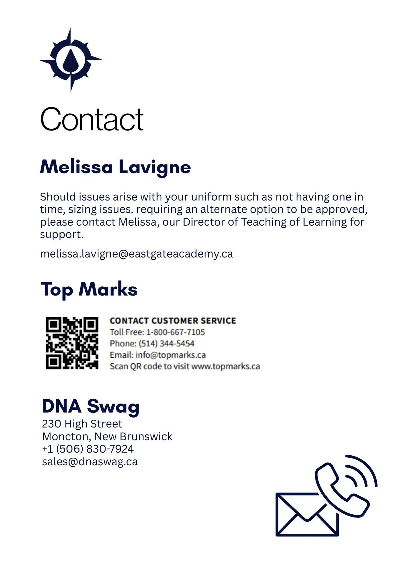 Contact information for uniform assistance and suppliers.