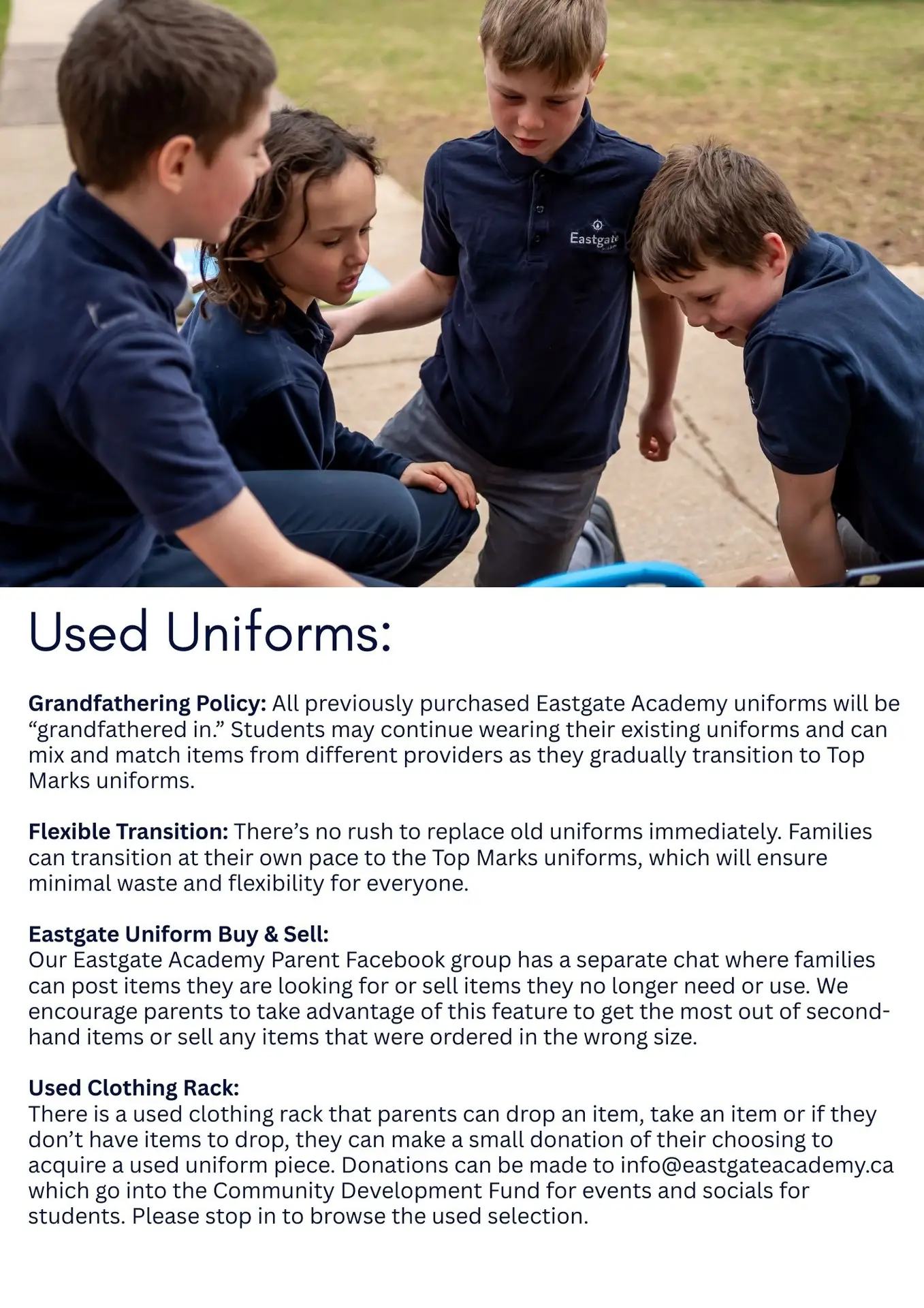 Kids wearing Eastgate Academy uniforms outside.