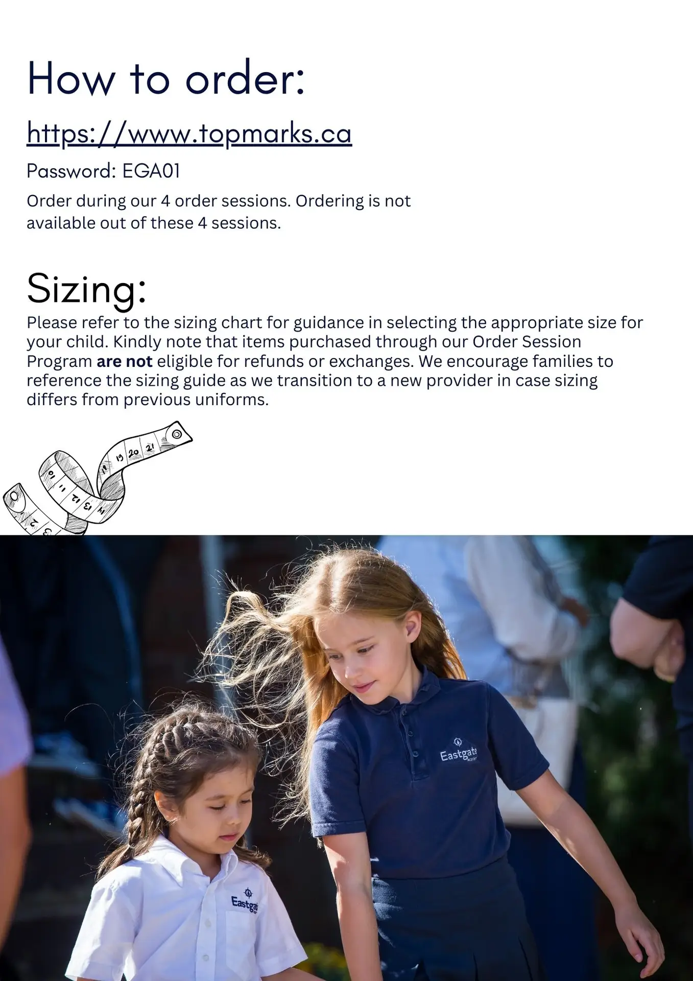 Order school uniforms online with sizing guidance.