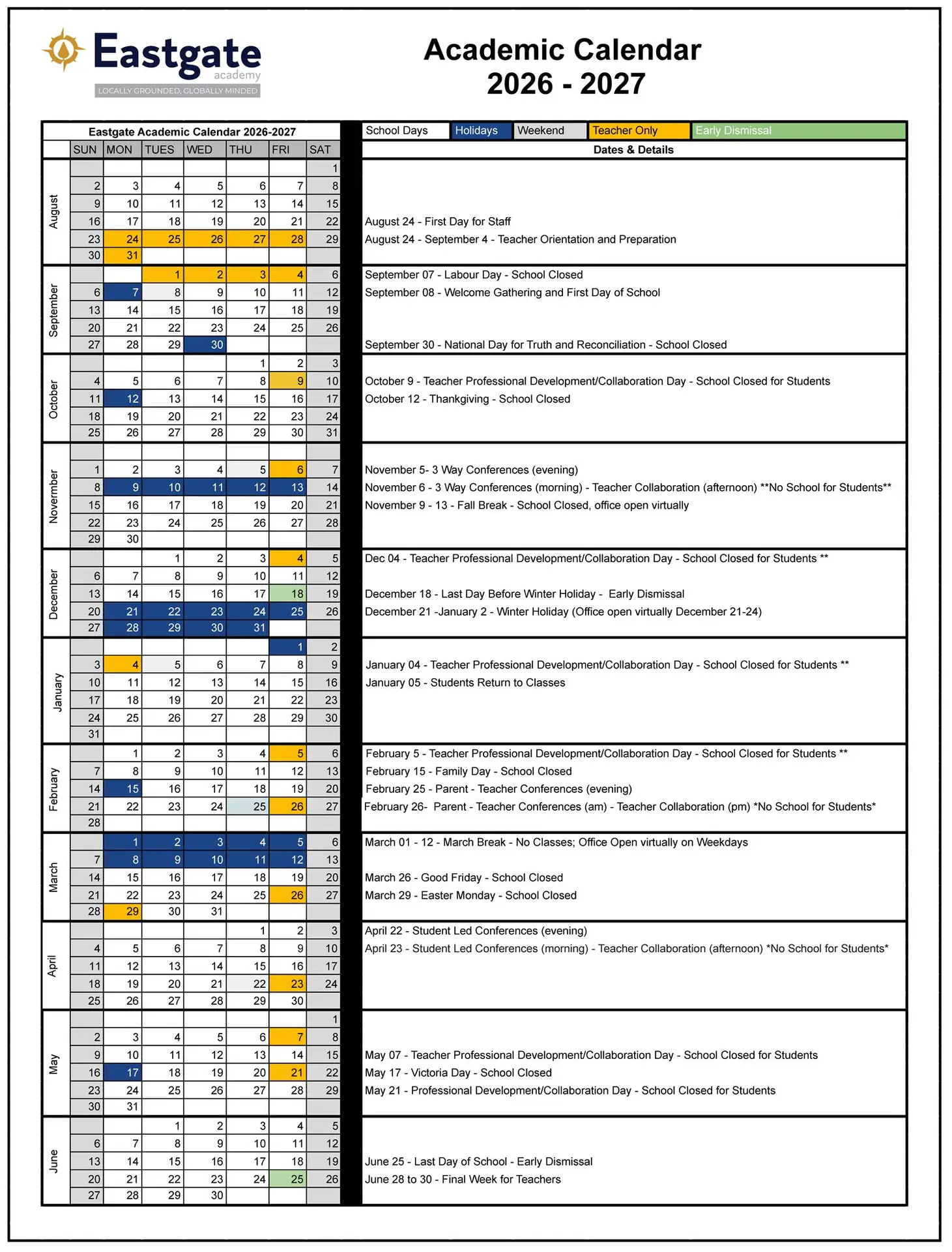 Eastgate Academy Academic Calendar 2026-2027 overview